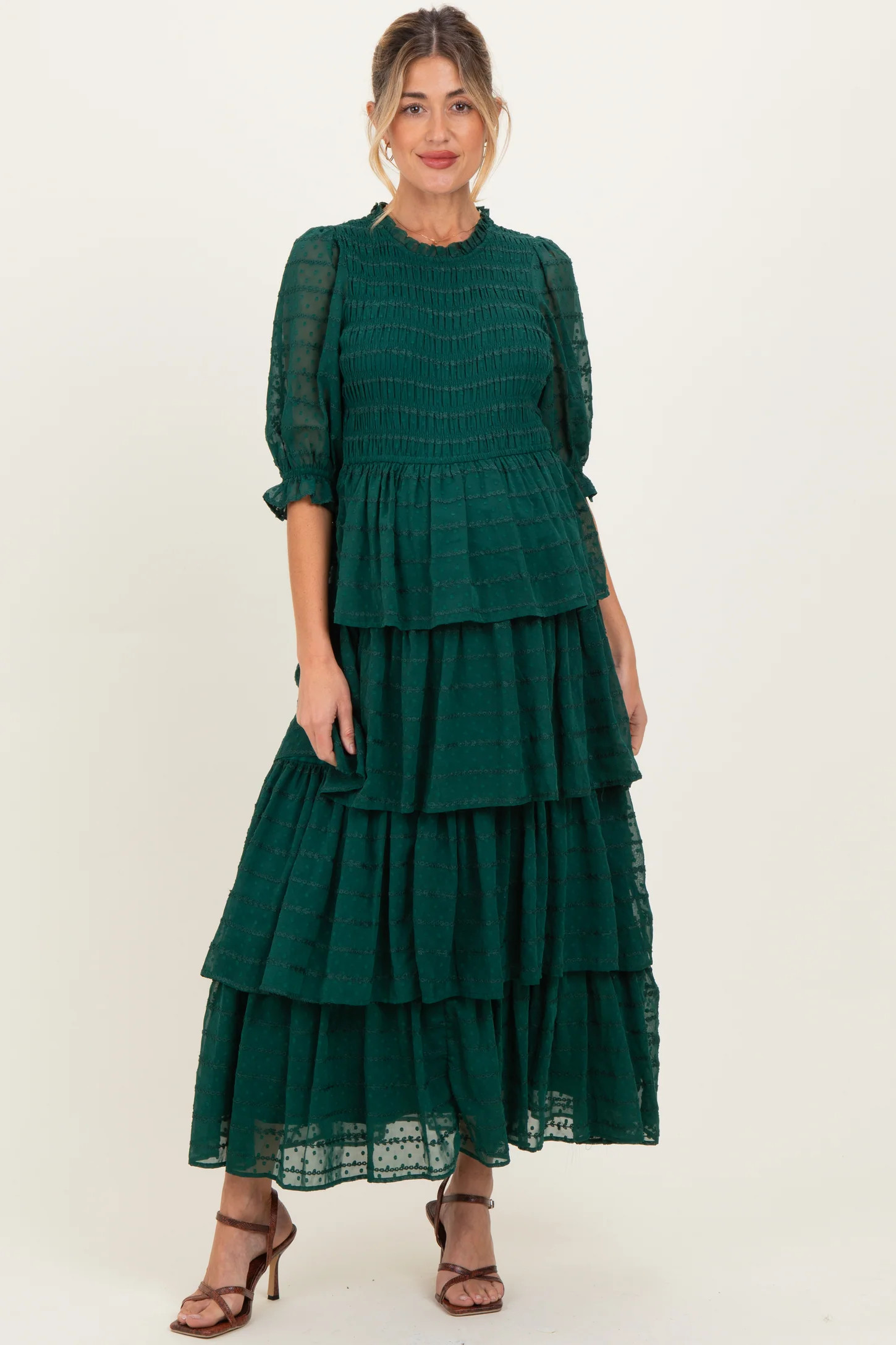 Forest Green Smocked Swiss Dot Tiered Maternity Maxi Dress | PinkBlush Maternity