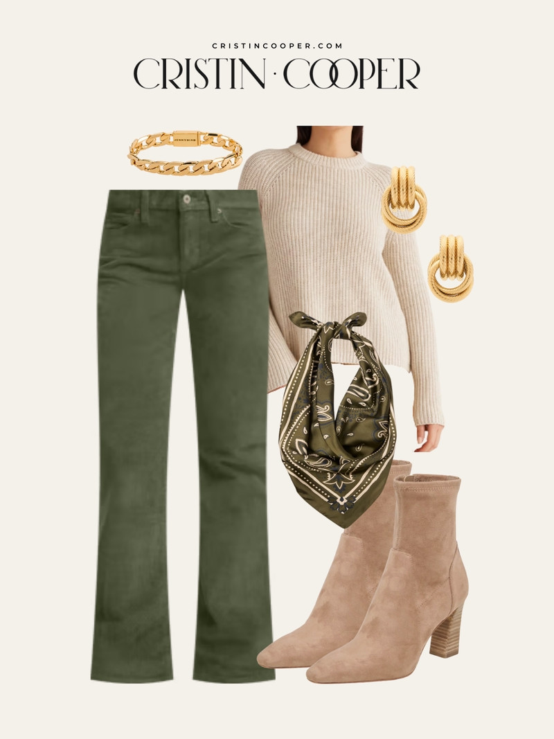 Wide leg trousers in sage green paired with a cream ribbed sweater is the unexpected color combo that still feels timeless. Cream block heel boots and gold hoops complete the look. 

 #LTKSeasonal