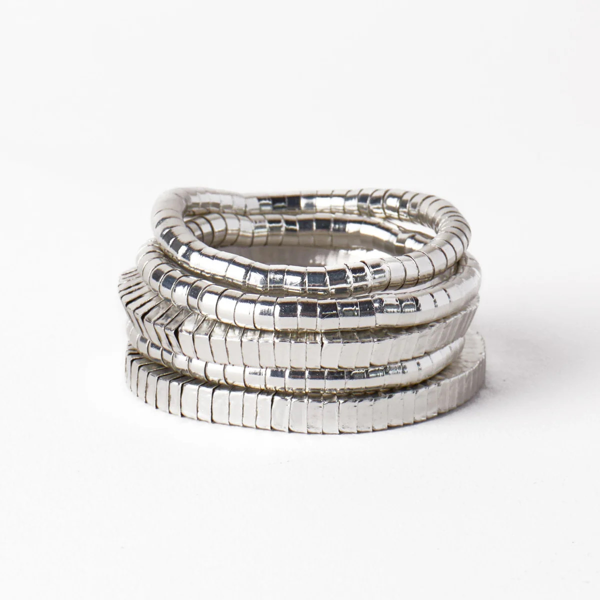 Lucille Round + Square Bead Stretch Bracelet Stack Silver Set of 5 | INK+ALLOY