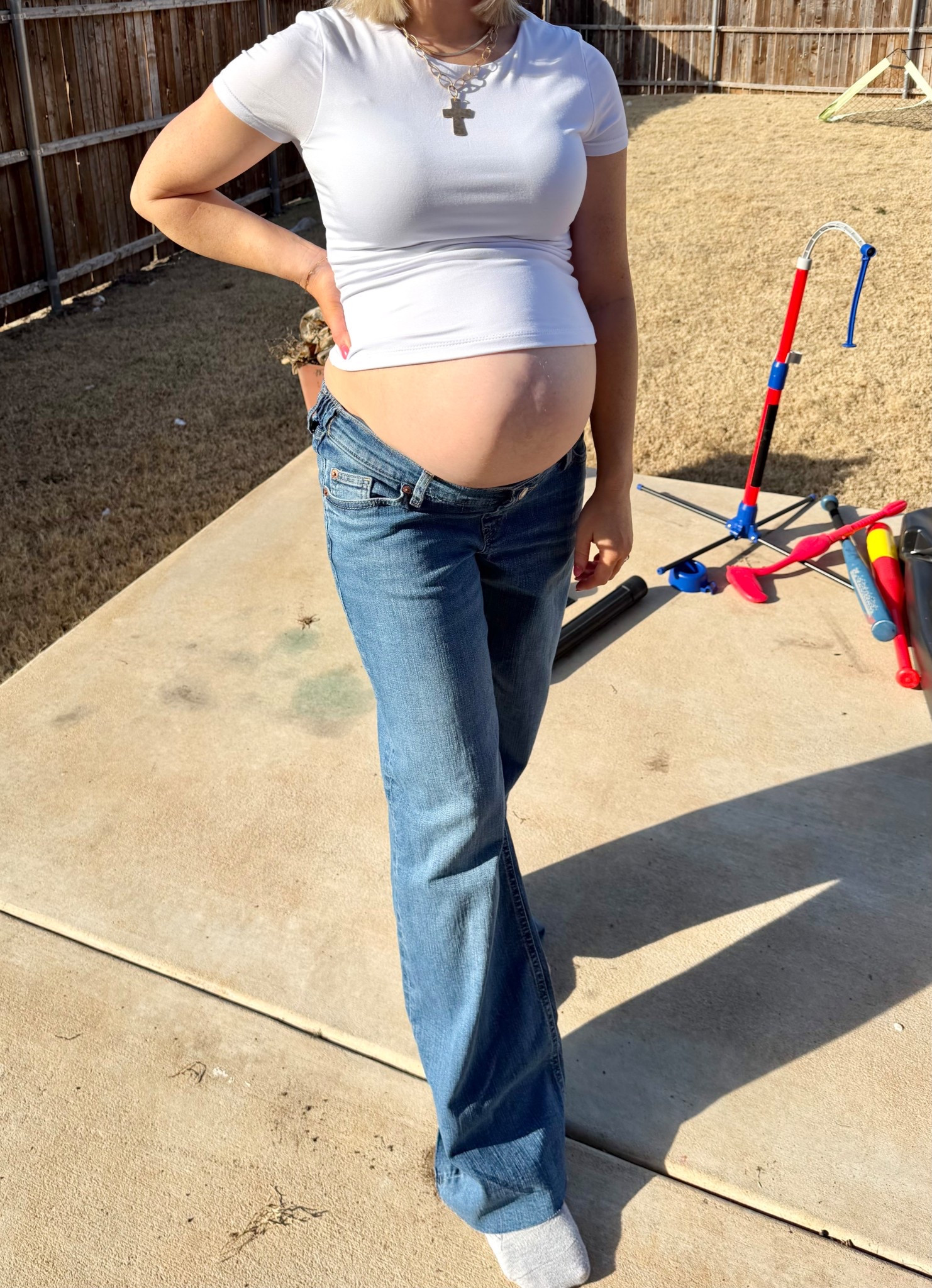 Perfect maternity jeans! I did a size small - I suggest sizing up! The come with a band that goes above belly but can easily tuck into jeans like I did here.  

#LTKSaleAlert #LTKBump #LTKmomlife