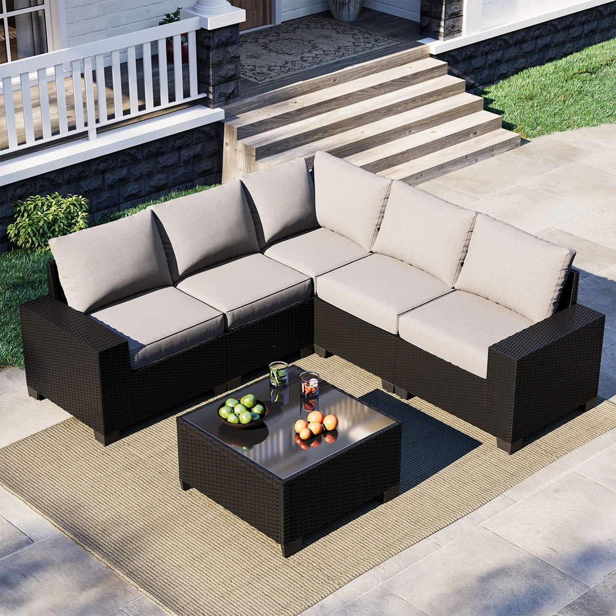 6 Pieces Outdoor Patio Furniture Set, With Cushions And Glass Coffee Table, Pe Rattan Outdoor Wic... | Wayfair North America