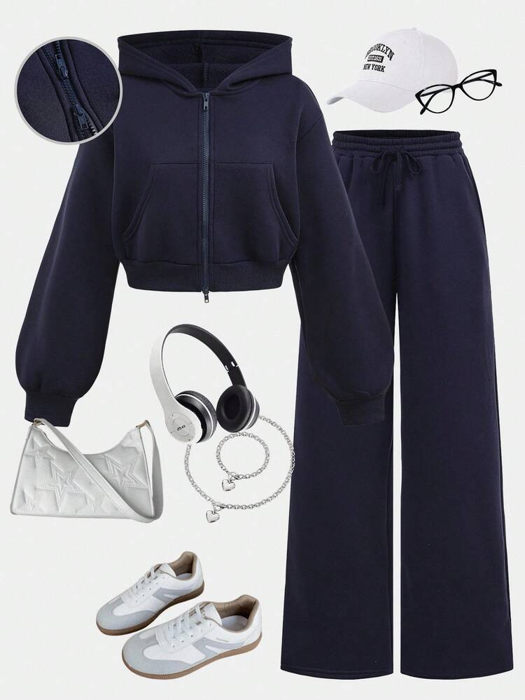SHEIN Girlism TEENGIRL Gray Hooded Two Pieces Set, Zip-Up Hoodie And Relaxed Fit Pants, Collegiate Style Outfit, Back To School, Street Wear Set Outfit For Women Girld Outfit Set Blue Outfit Full Outfit Set Blue Outfit For Teens Blue Outfit Set Fall Winter | SHEIN