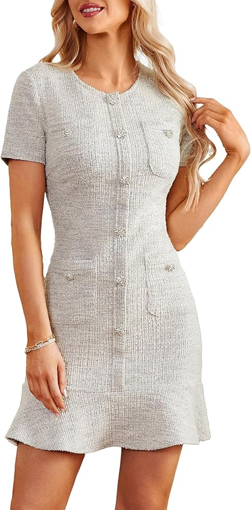 GRACE KARIN Womens Tweed Dress 2024 Fall Short Sleeve Button Bodycon Elegant Work Mini Dress Casu... | Amazon (US)