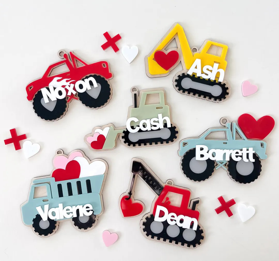 Valentine's Day Basket Tags Construction Vehicle Monster Truck Personalized Kids Boy Gift for Val... | Etsy (US)