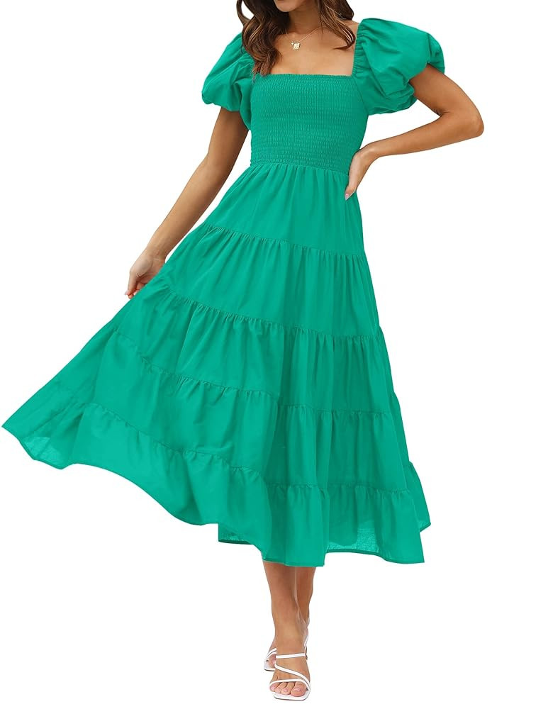 ZESICA Women's 2025 Summer Square Neck Short Puff Sleeve Solid Color High Waist Casual Smocked Fl... | Amazon (US)