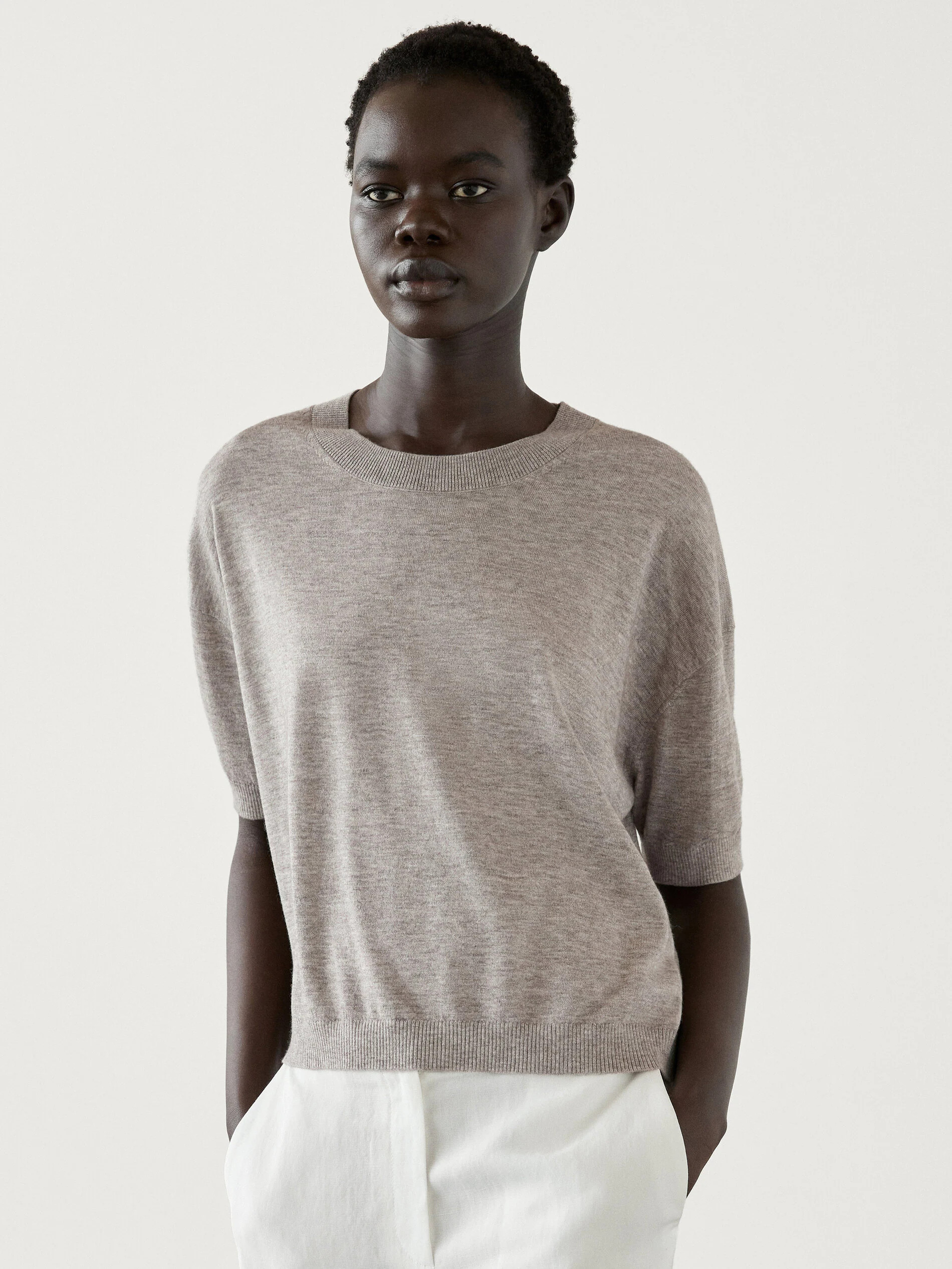 Cropped knit short sleeve sweater | Massimo Dutti UK