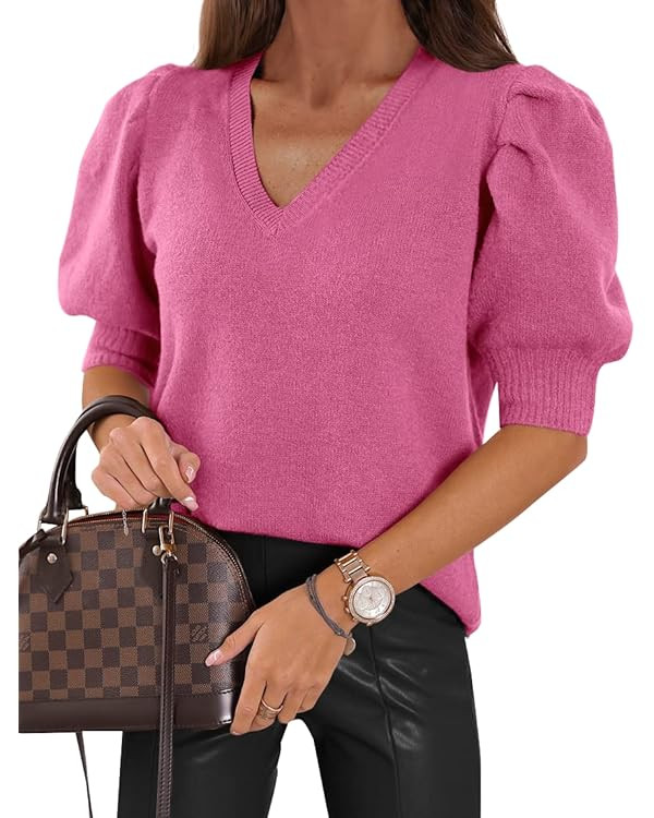 Womens Puff Short Sleeve Sweater Tops 2025 Spring Summer Trendy Casual T Shirts Blouses | Amazon (US)