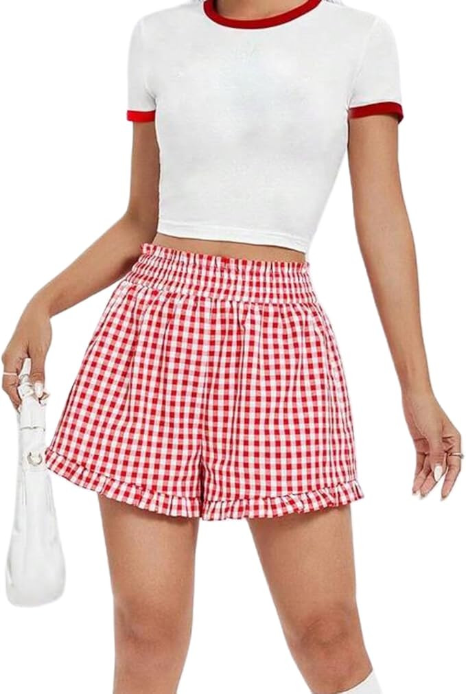 Women Plaid Gingham Boxer Shorts Y2k Striped Ruffle Hem Lounge Pj Shorts Loose Pajama Checkered S... | Amazon (US)