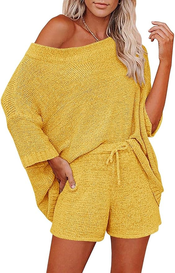 Mafulus Women's 2 Piece Outfits Sweater Set Off Shoulder Knit Top + Drawstring Waist Short Suits Cas | Amazon (US)
