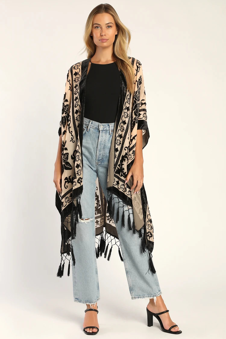 Sheer Emotion Beige and Black Tasseled Burnout Velvet Duster | Lulus (US)