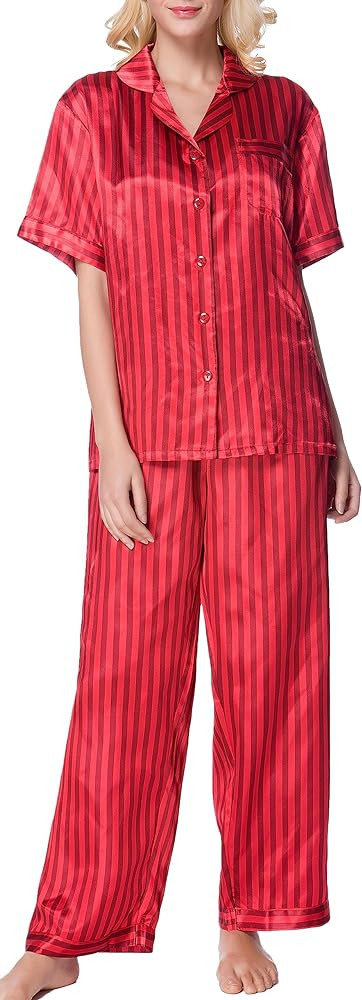 Lavenderi Women's Short Sleeve Classic Satin Pajama Set - Soft Silky Sleepwear for Women, Comfort... | Amazon (US)