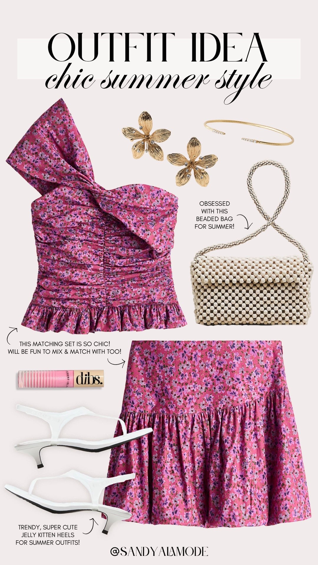 Chic summer style. Summer matching floral skirt set. HM new arrivals. White beaded shoulder bag. White jelly kitten heels. Gold flower earrings. Summer party outfit idea  

#LTKSeasonal #LTKgrwm #LTKootd