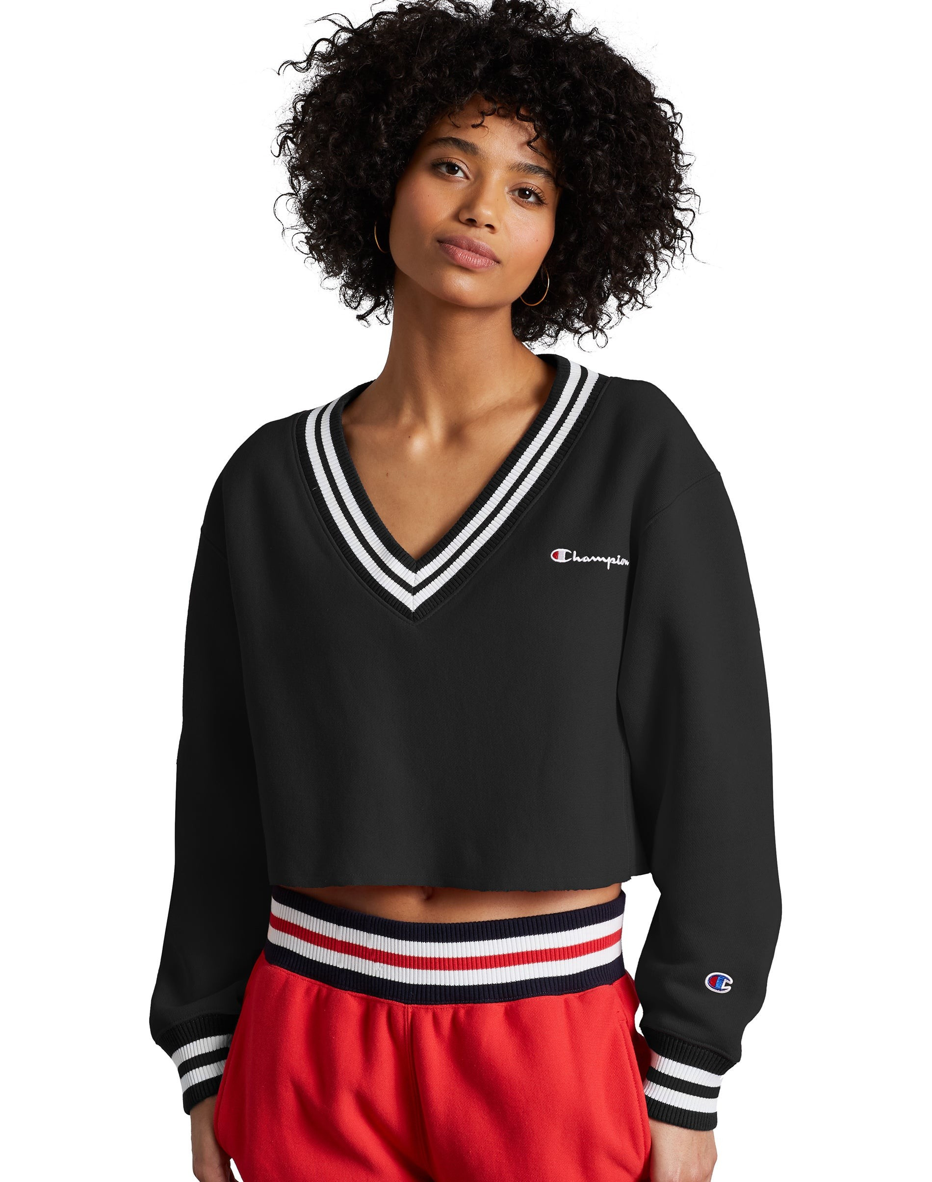 Reverse Weave Yarn Dye Rib Cropped Cut Off V-Neck, Embroidered Logo | ChampionUSA.com (Hanesbrands Inc.)