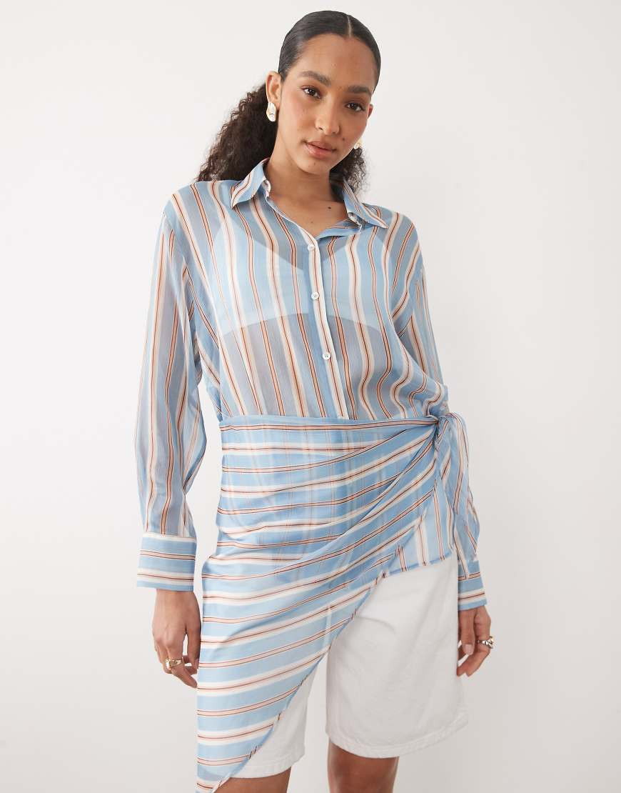 Mango sheer shirt in blue and brown stripe-Multi | ASOS (Global)