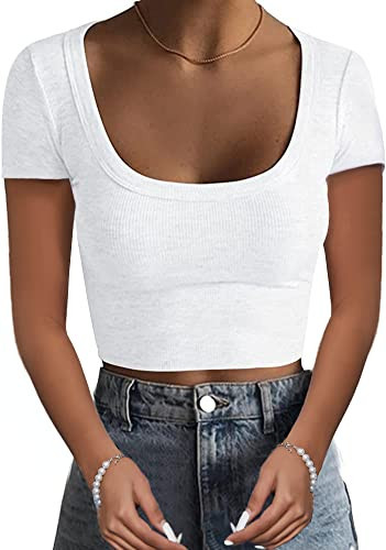 Women's Short Sleeve Square Neck Cropped T Shirts Slim Fit Ribbed Knit Basic Crop Tops (White, S) | Amazon (US)