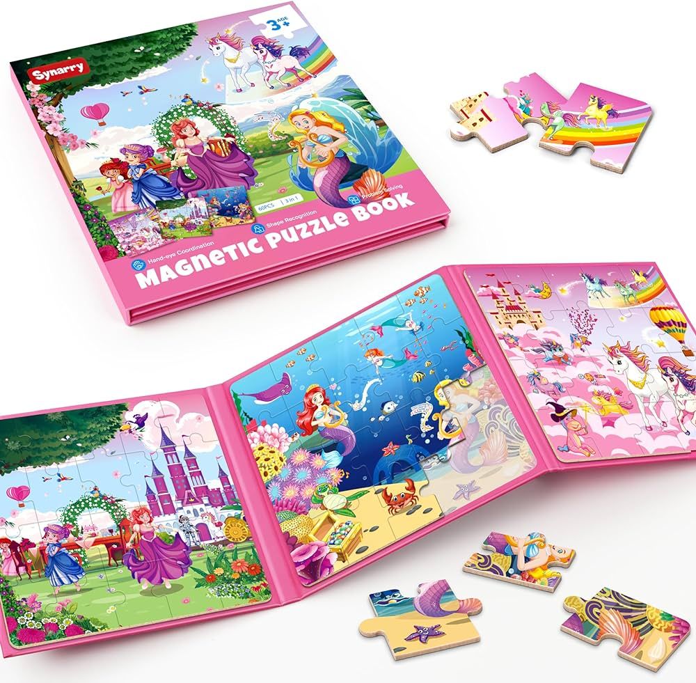 SYNARRY Unicorn Mermaid Princess Magnetic Puzzles for Toddlers 3-5 Girls, 20 Pieces Travel Puzzle... | Amazon (US)