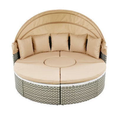 YOOCOZZ PE Rattan Round Outdoor Two-Tone Weave Sunbed with Removable Cushion and Retractable Canopy-Light Coffee | Target
