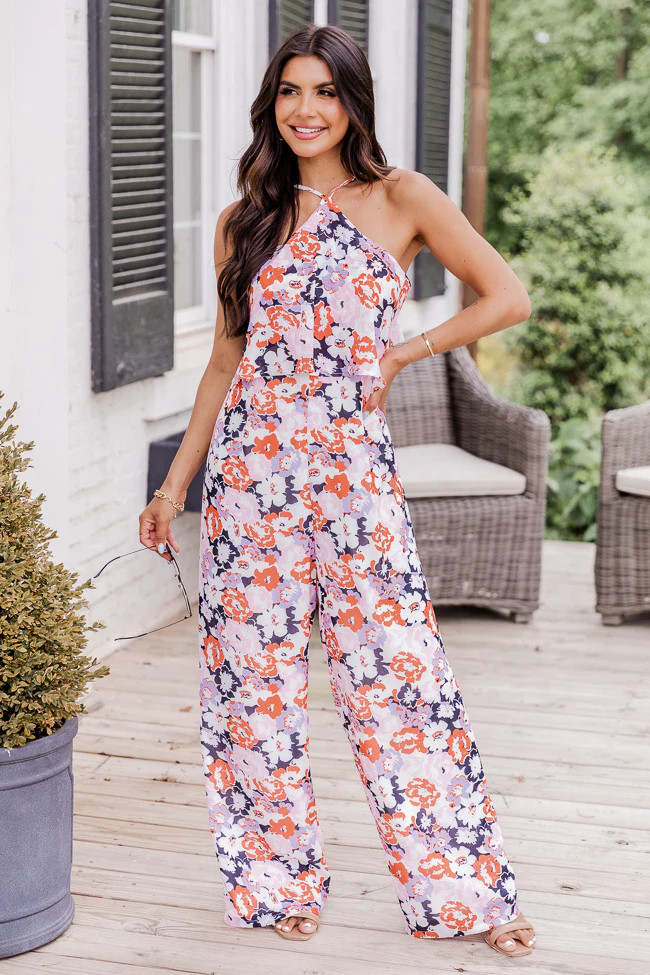 Know No Limits Navy Floral Halter Jumpsuit | Pink Lily
