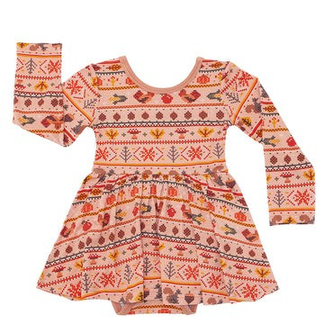 Harvest Fair Isle Long Sleeve Twirl Dress With Bodysuit | Little Sleepies