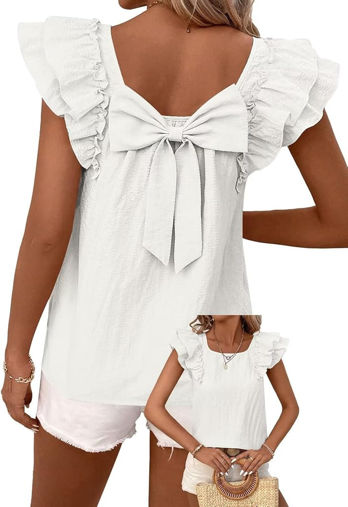Falechay Womens Bow Tie Back Tops Babydoll Vneck Ruffle Short Sleeve Shirts | Amazon (US)