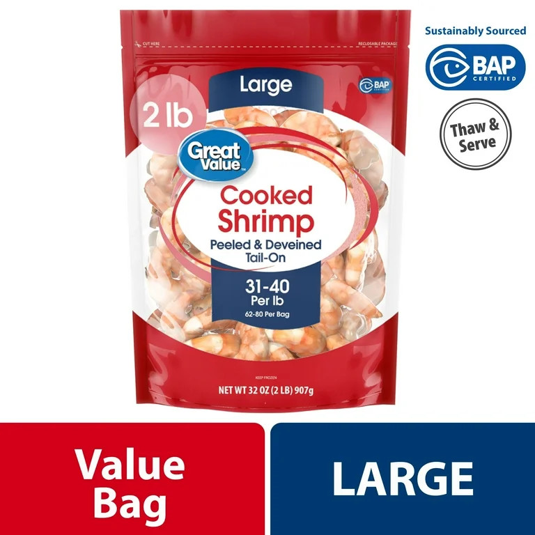 Great Value Frozen Cooked Large Peeled Deveined Tail-on Shrimp, (31-40 Count per lb), 2lb, Value ... | Walmart (US)