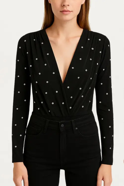 Nocturne Embellished V-Neck Long-Sleeve Bodysuit in Black at Nordstrom, Size X-Large Eu | Nordstrom