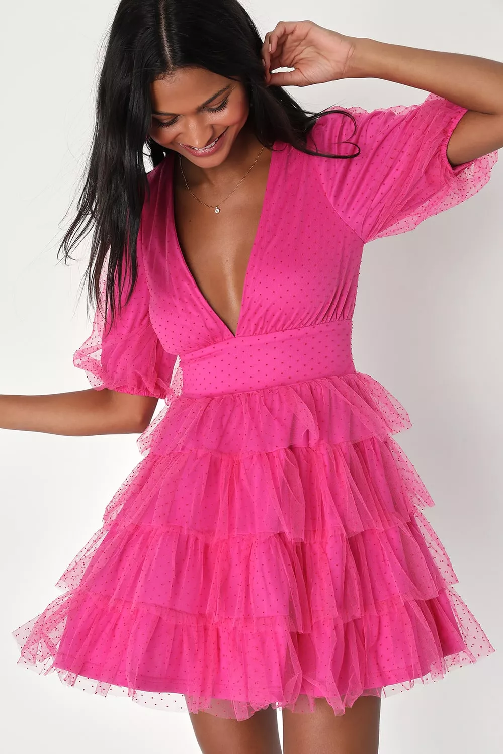 Hot Pink Ruffle V-Neck Mini Dress | SilkFred US