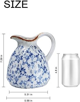 Blue and White Ceramic Vase with Handle – 7.28 Inch Vintage Crackle Glaze Pitcher Style Flower ... | Amazon (US)