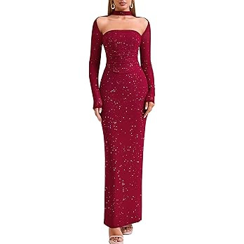 HTZMO Women Fall Long Sleeve Bodycon Maxi Dress Halter Neck Ruched Elegant Wedding Guest Formal L... | Amazon (US)