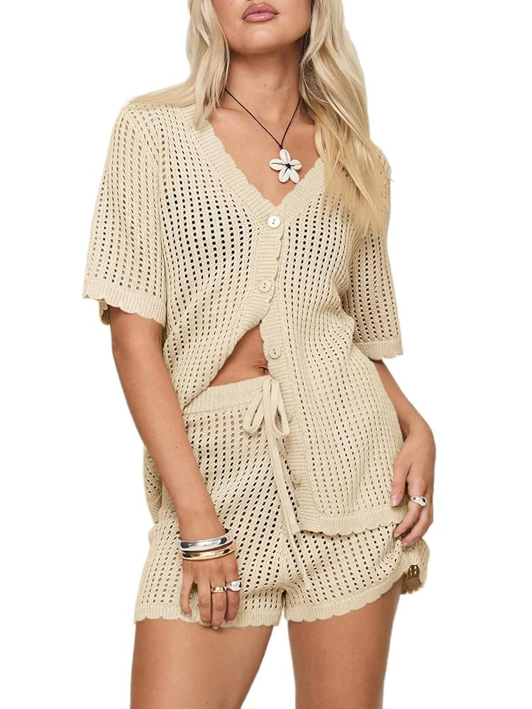 Saodimallsu Womens Crochet Swimsuit Coverup Sets Short Sleeve V Neck Button Tops Drawstring Short... | Amazon (US)