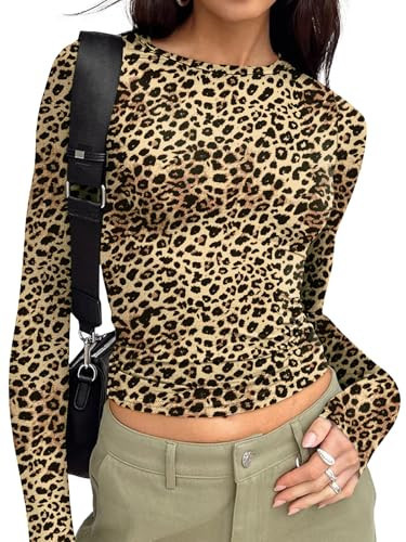 Trendy Queen Womens Leopard Print Tops Cheetah Long Sleeve Shirts Fall Fashion 2025 Basic Animal Print Crop Tops Going Out Workout Outfits Y2k Clothes Leopard M | Amazon (US)