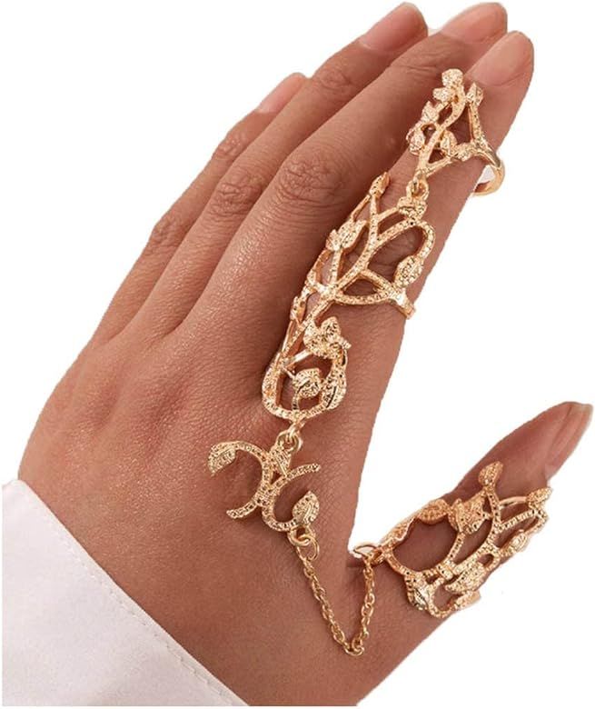 Yalice Charm Leaf Full Finger Rings Dainty Bracelet Knuckle Ring Harness Wedding Hand Chains Adjusta | Amazon (US)