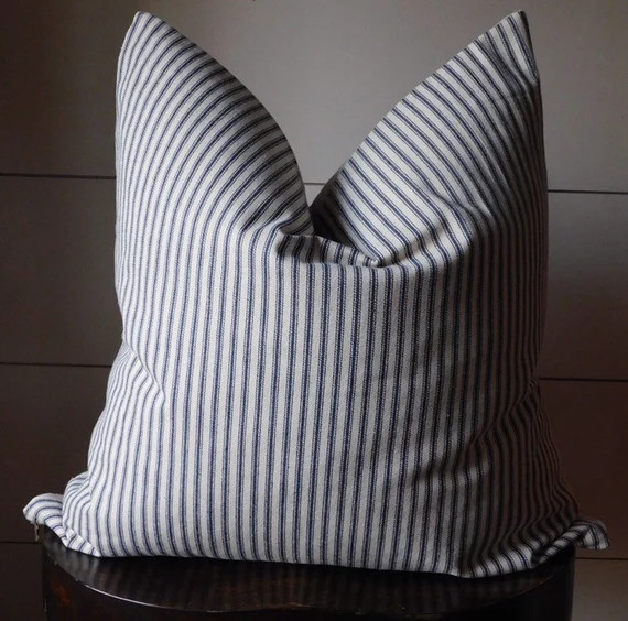 Ticking Stripe Pillow Cover | Farmhouse Pillow Cover | Farmhouse Stripe | Blue Stripe | Blue Tick... | Etsy (US)