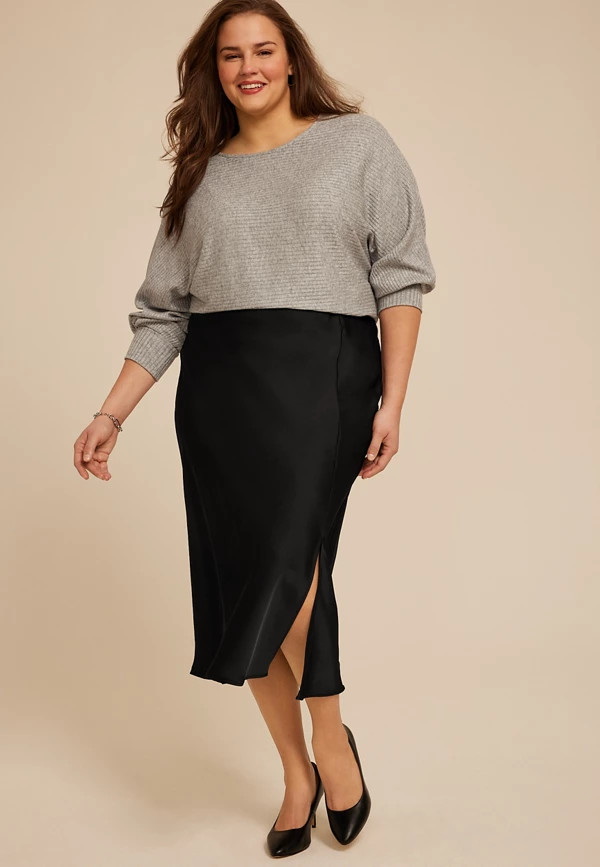 Plus Size Studio Y Satin High Rise Midi Skirt | Maurices