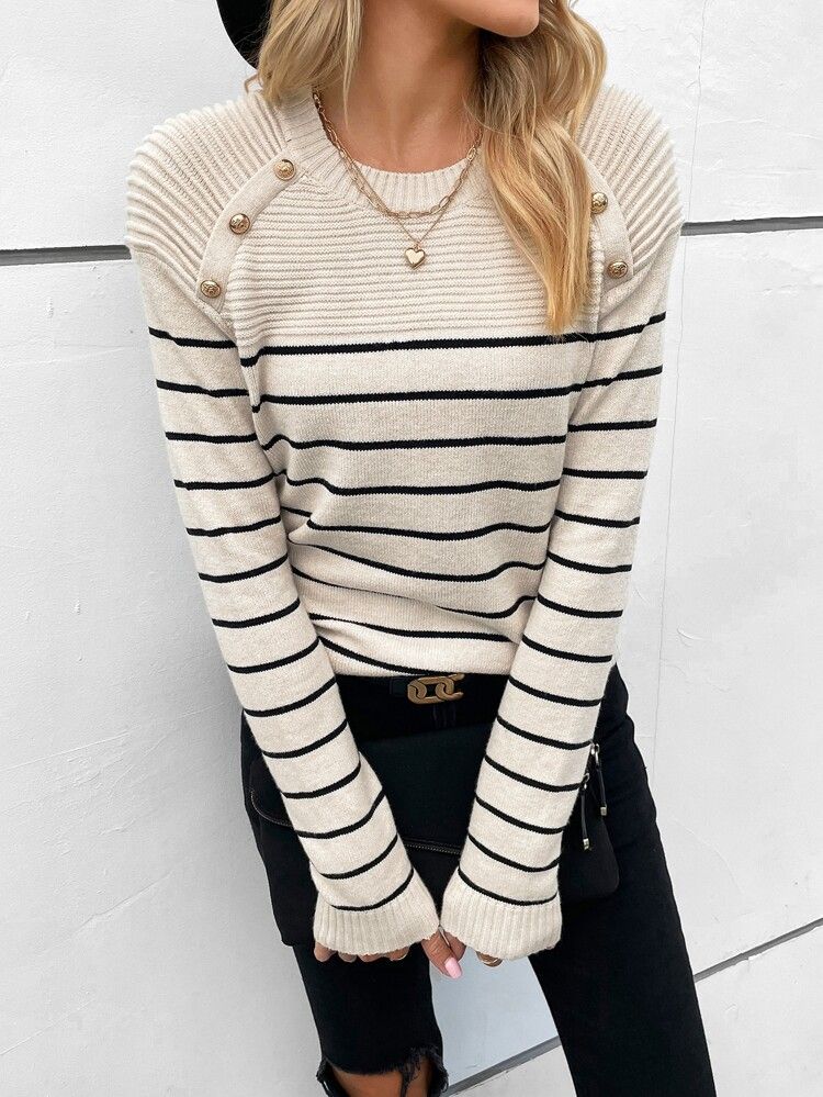 SHEIN Frenchy Striped Pattern Button Detail Drop Shoulder Sweater | SHEIN