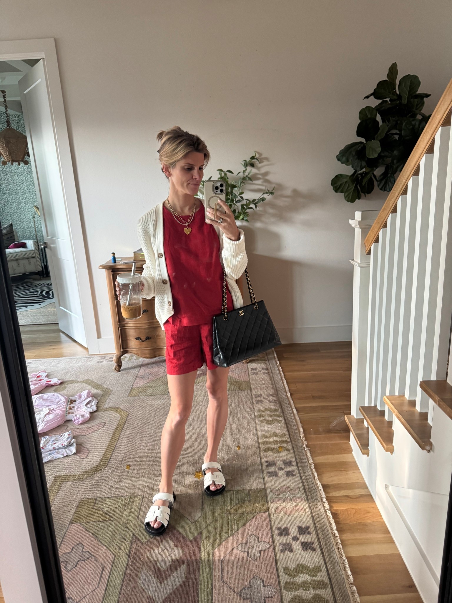 Linen set: Quince (wearing XS)
Cardigan: Quince (wearing XS)
Shoes: GEMI
Jewelry: Brinker & Eliza
Cup/phone case: Amazonn