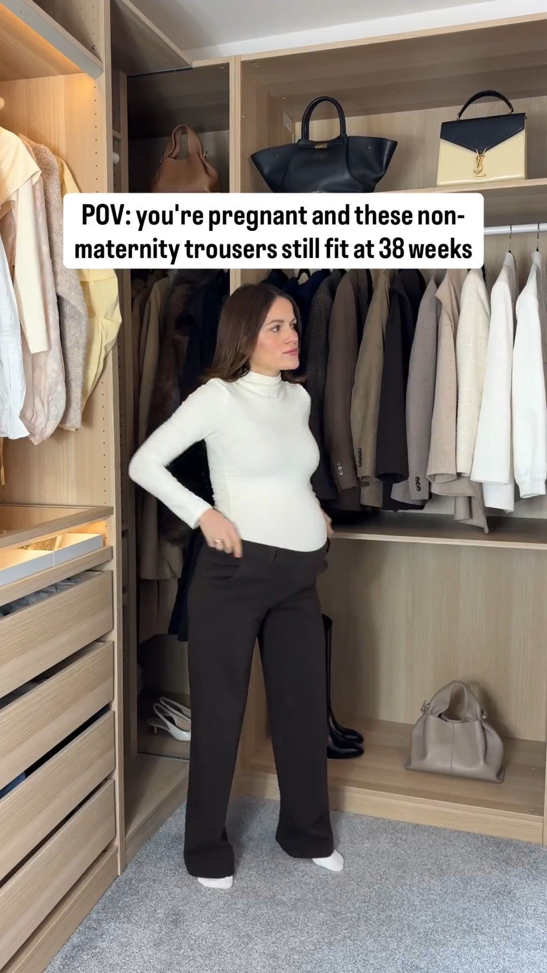 These are non-maternity trousers, in my pre-pregnancy size, and they still fit comfortably at 38 weeks.

They stretch with the bump, don’t dig in, and actually make sense — because I’ll rewear them after pregnancy too.

Comfortable. Chic. Worth it.

Trousers are size S , top is size S too and cardigan size M.  I am 160cm height and 65kg 🤍

#LTKworkwear #LTKuk #LTKmaternity