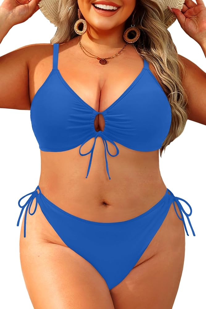Daci Plus Size Triangle Tie Front Bikini Set Side Tie Two Piece Swimsuit | Amazon (US)