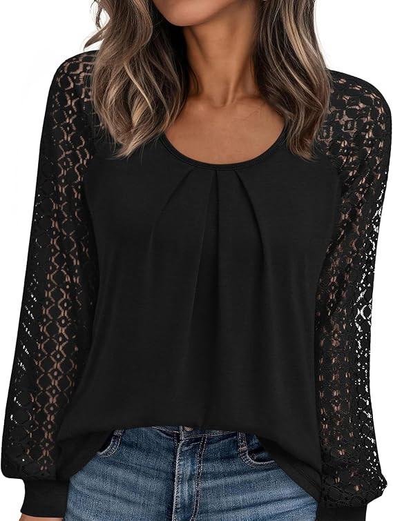 PRETTYGARDEN Women's Long Sleeve Shirts Fall Lace Tops | Pleated Crew Neck, Lightweight Soft Fabr... | Amazon (US)