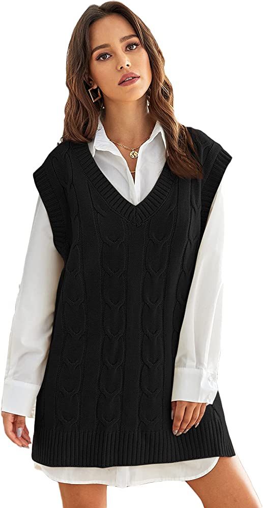 Romwe Women's Cable Knit Oversized Sweater Vest Sleeveless V Neck Pullover Tops | Amazon (US)