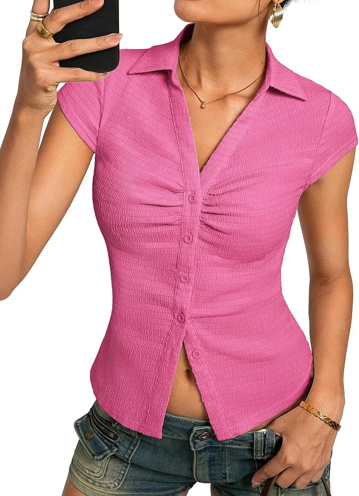Kate Kasin Women Button Down Blouse, V-Neck Ruched Tops with Y2K Collar, Slim Fit Cap Sleeve Busi... | Amazon (US)