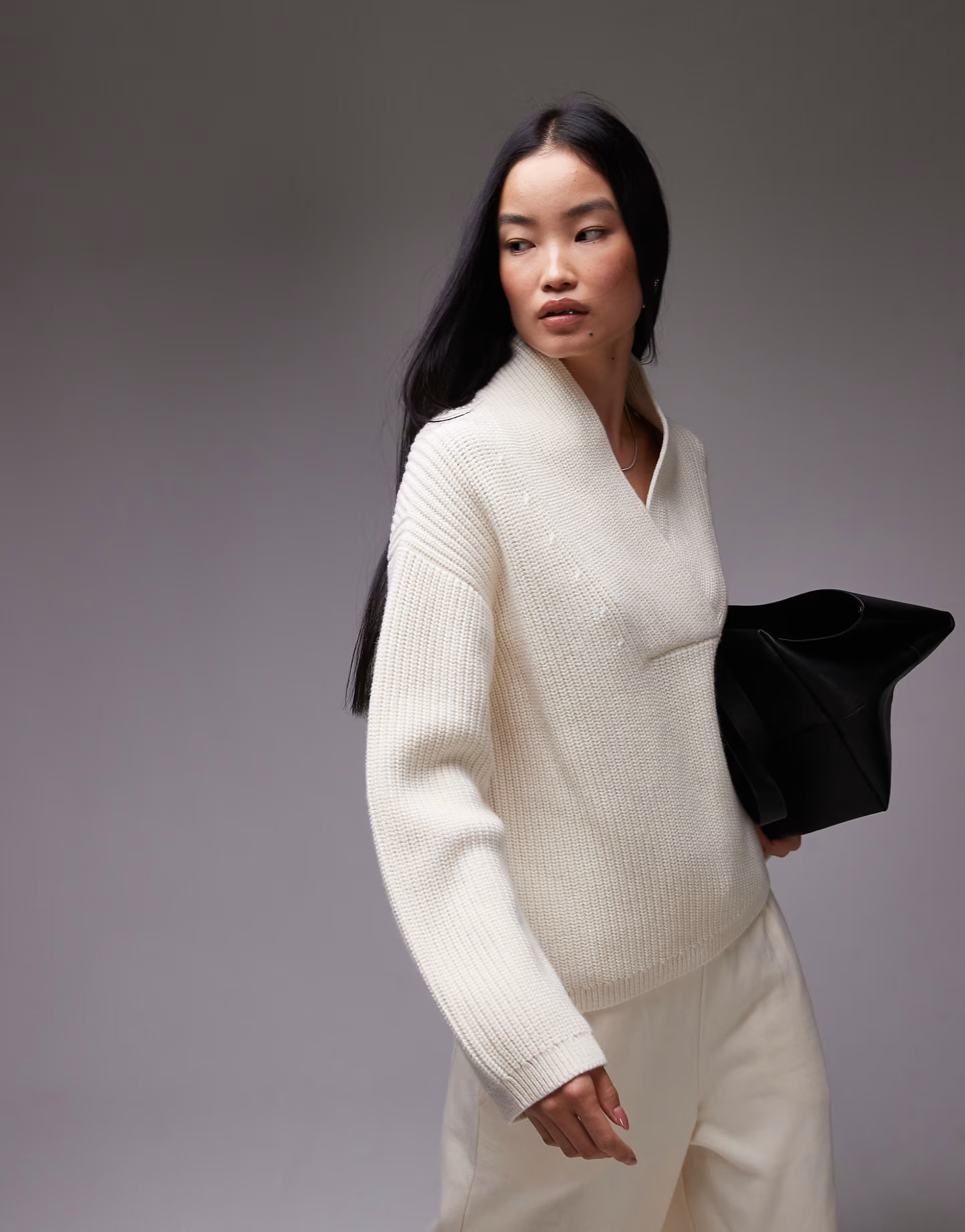 ARKET wool blend rib oversized sweater with shawl collar in off white | ASOS (Global)