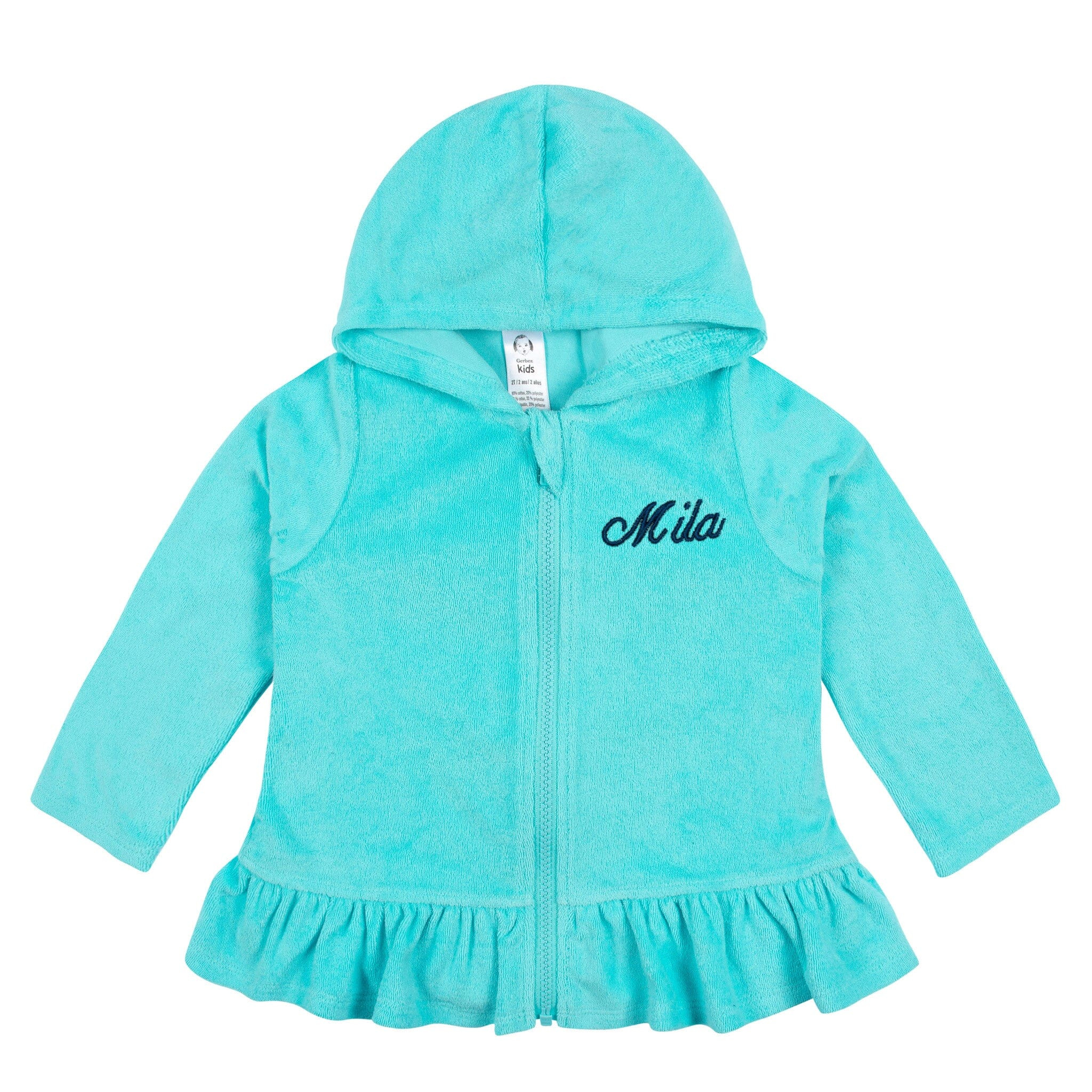 Embroidered Baby & Toddler Girls Aqua Hooded Zip Front Terry Swim Coverup | Gerber Childrenswear
