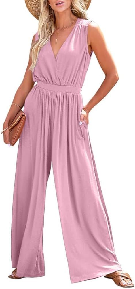 Dokotoo Sleeveless Jumpsuit V Neck Elegant for Womens Dressy Casual 2024 One Piece Romper Outfits | Amazon (US)
