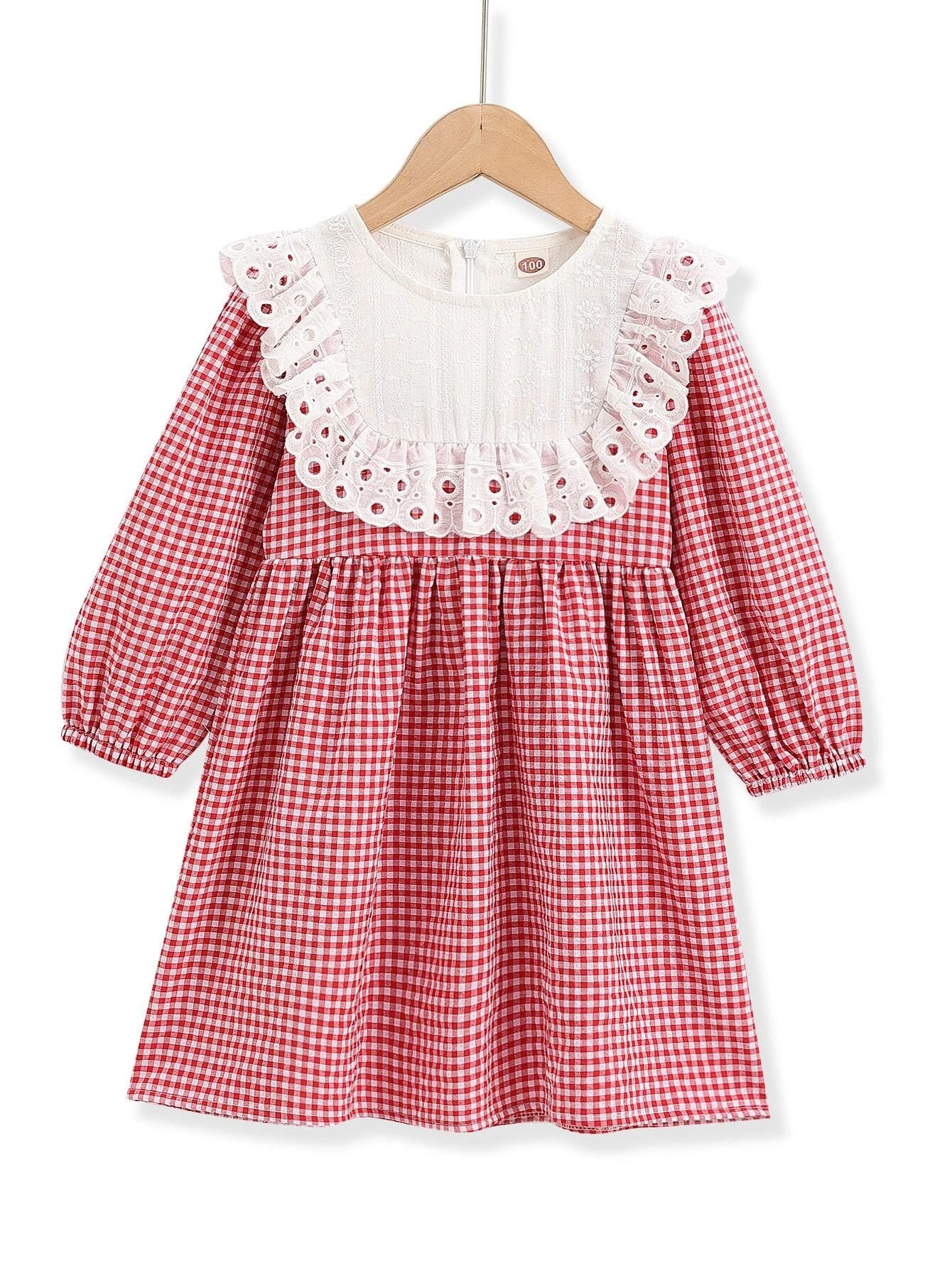 Toddler Girls Gingham Eyelet Embroidered Ruffle Trim Bishop Sleeve Dress | SHEIN