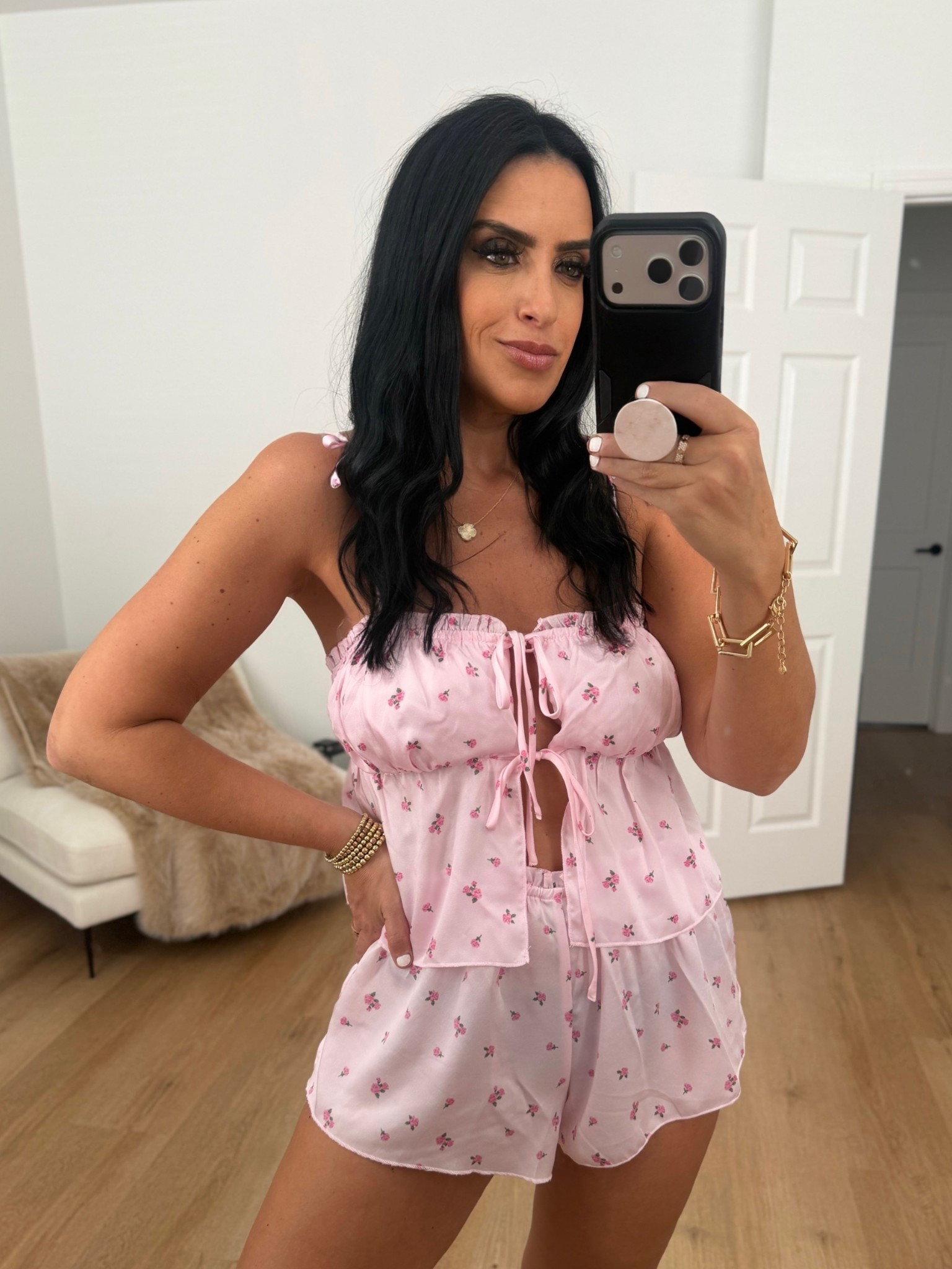 No Boundaries Sleepwear Satin Cami and Shorts Set wearing size small