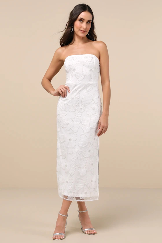 Loving Mentality White Tulle Beaded Strapless Midi Dress | Lulus