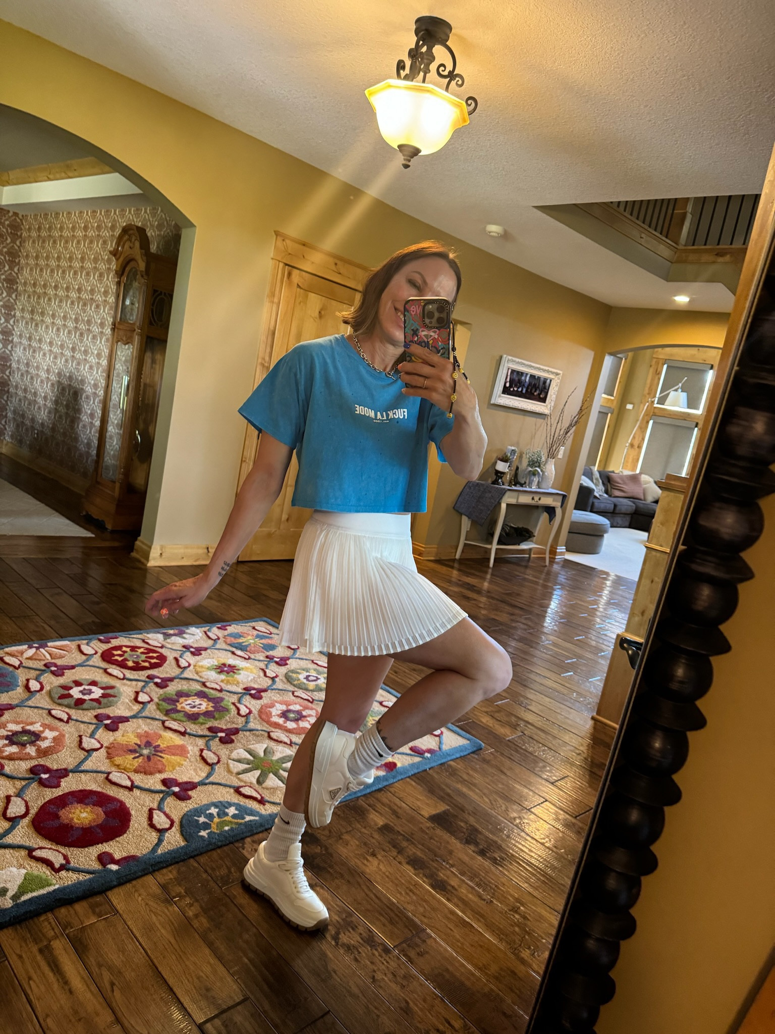 This pleated Lululemon skirt has me feeling cute and sporty! Wearing size 4 in skirt. T-shirt is from a brand I fell in love with in Canada. Wearing size small in shirt. Sneakers are Prada and size 7.5. 

#LTKfitness #LTKstyletip

#LTKActive