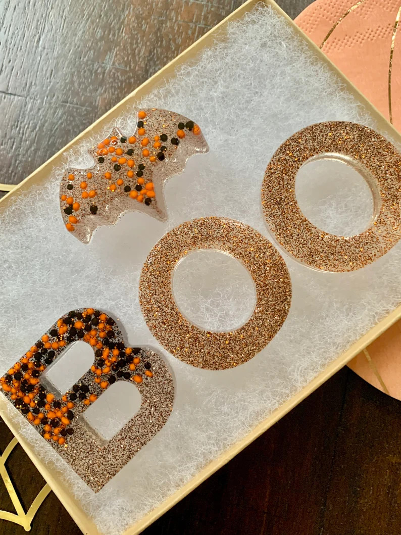Halloween Resin Letters. “BOO” Glitter resin letters with bat. Halloween decor. Sensory bins.... | Etsy (US)