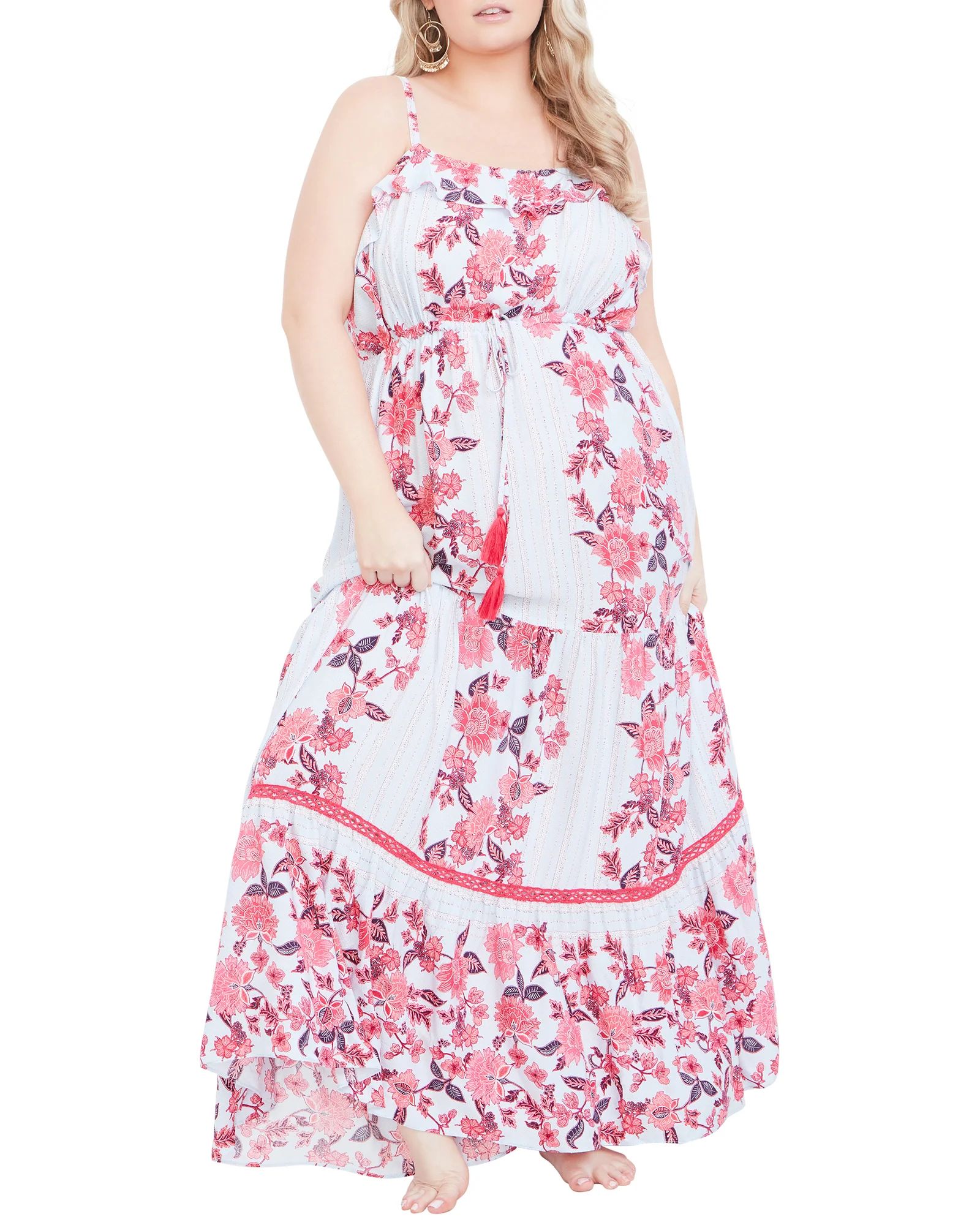 Aveology Plus Size Hana Tiered Frill Maxi Dress | White / Red | Women's Dresses | Dia & Co